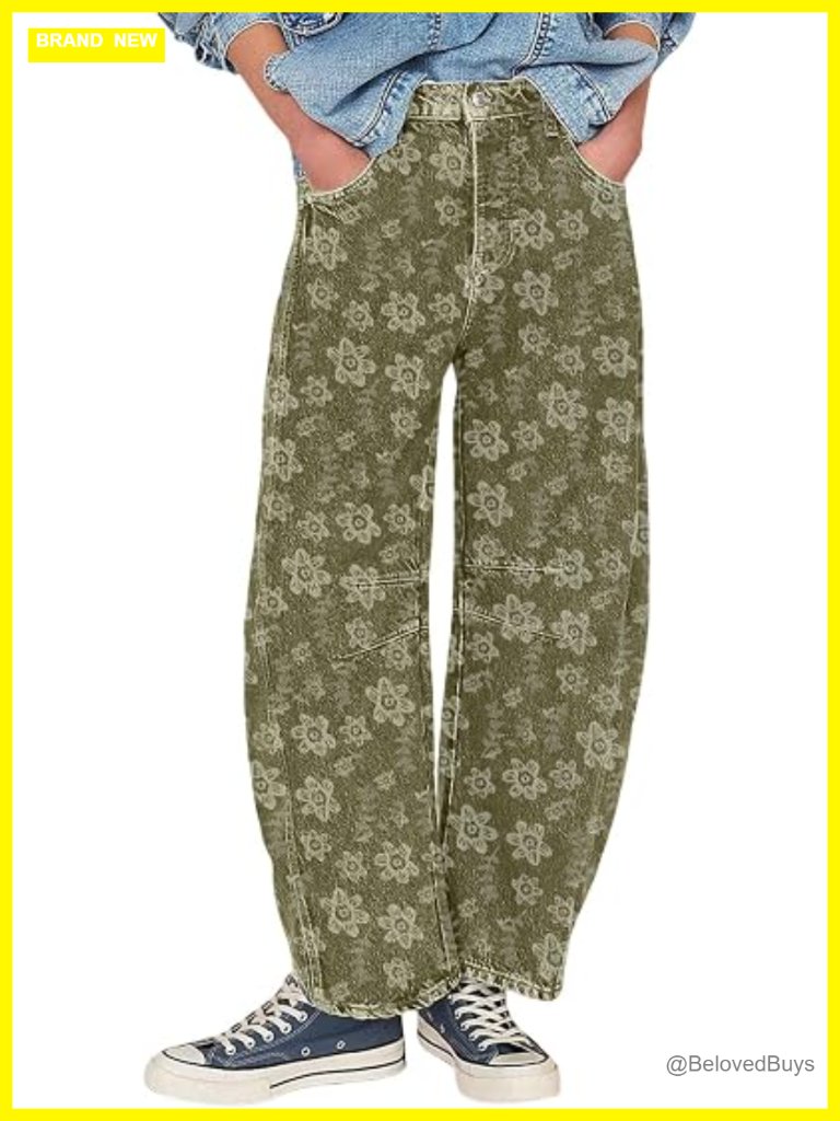 Baggy Barrel Jeans Floral Print Wide Leg Elastic Waist Denim Pants Y2k